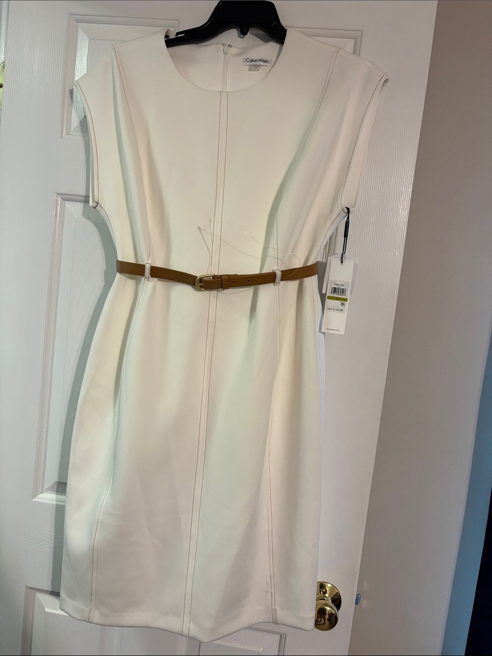 NWT Calvin Klein White Midi Sheath Dress with Tan Belt